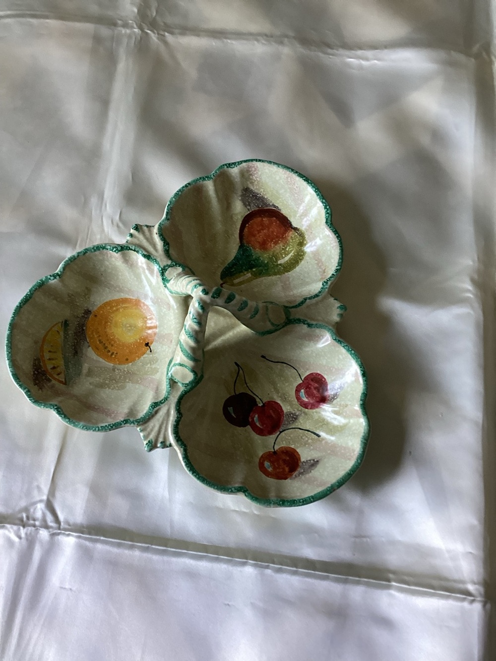 Vintage Ceramic Three-Section Fruit Dish - Handpainted Cherries, Pear &‎ Orange